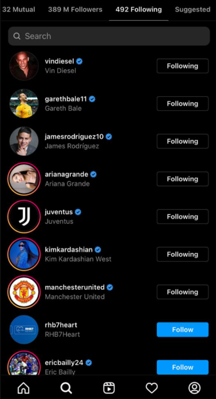 CR7 following list on Instagram