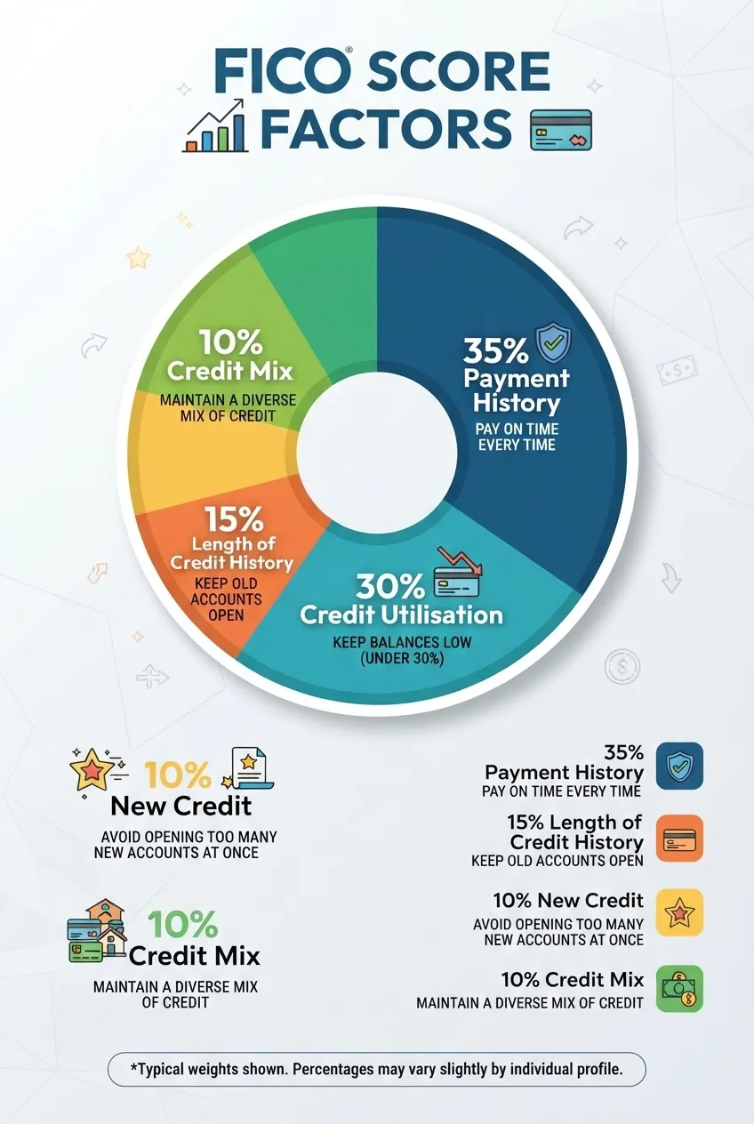 shows the FICO factors and exact typical weights: Payment history 35%, Credit utilisation 30%, Length of credit history 15%, New credit