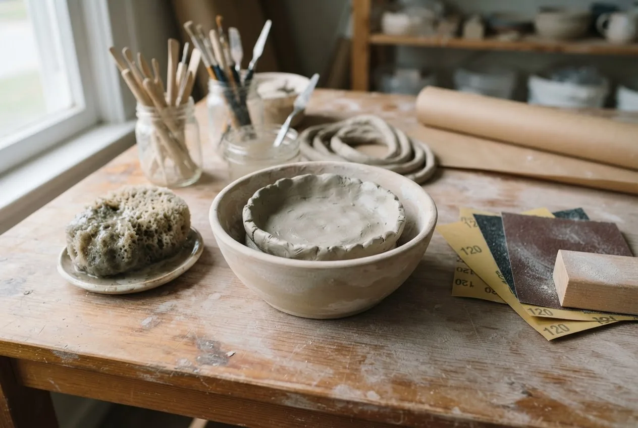 a hand-sculpted air-dry clay trinket dish on a wooden table, showing the dish inside a bowl used for shaping, a damp sponge, and sheets of