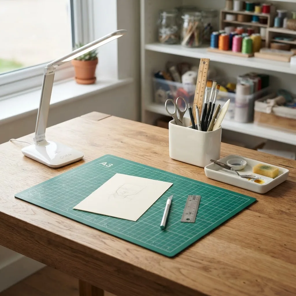 a compact craft workspace on a wooden table with an A3 cutting mat, daylight LED lamp angled 30 degrees, tool caddy to the right with