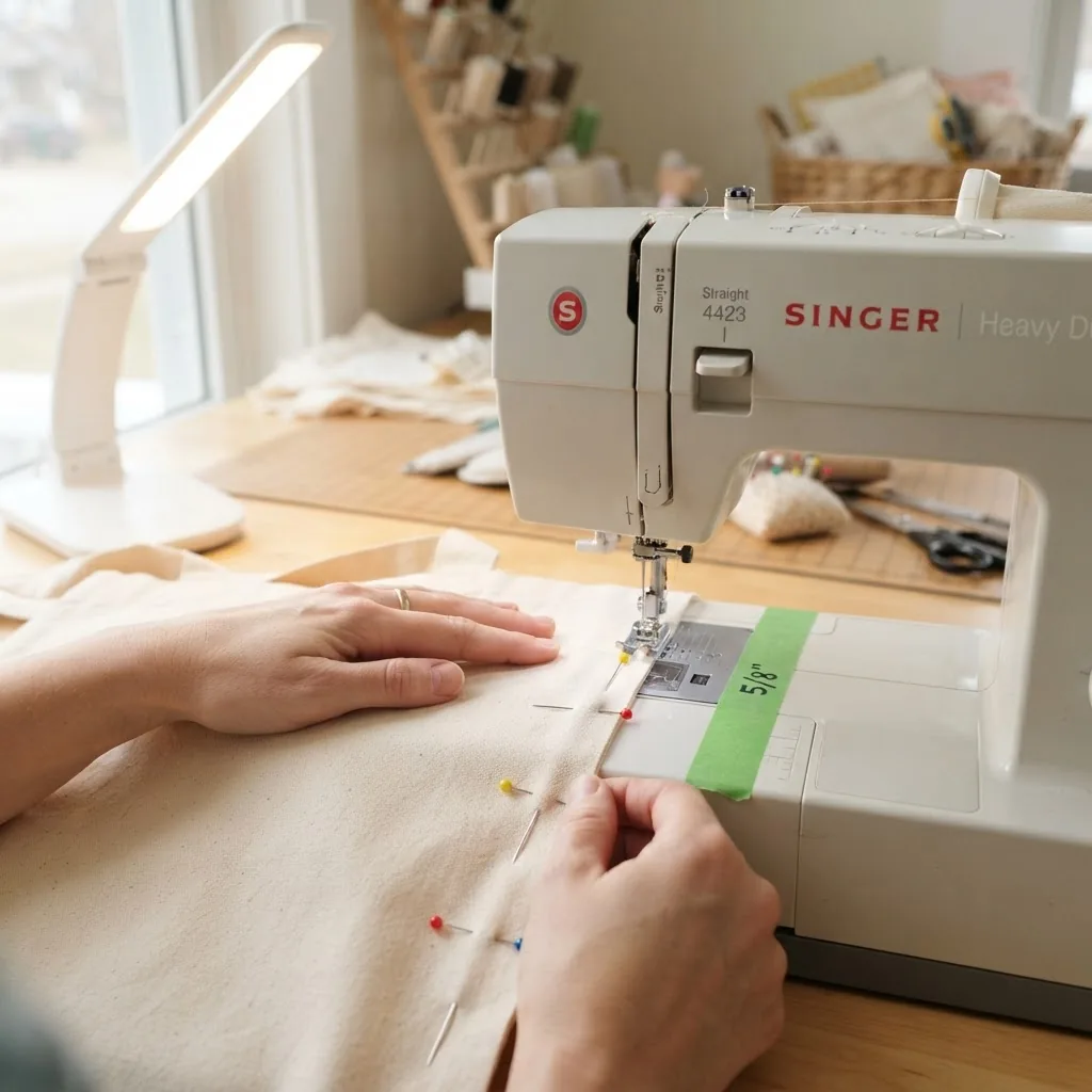 hands sewing a cotton tote on a household sewing machine, with the machine set to straight stitch and a daylight lamp in the background;