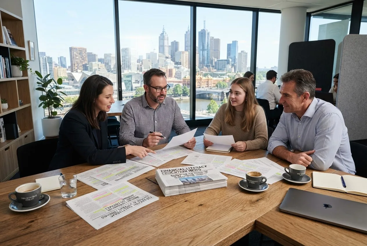 a small editorial team around a table reviewing a printed news brief titled "financial literacy education news", include coffee cups and