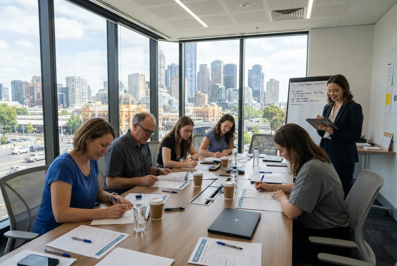 a pilot workshop evaluation scene: a table with 6 participants filling short feedback forms, a facilitator noting times on a tablet,