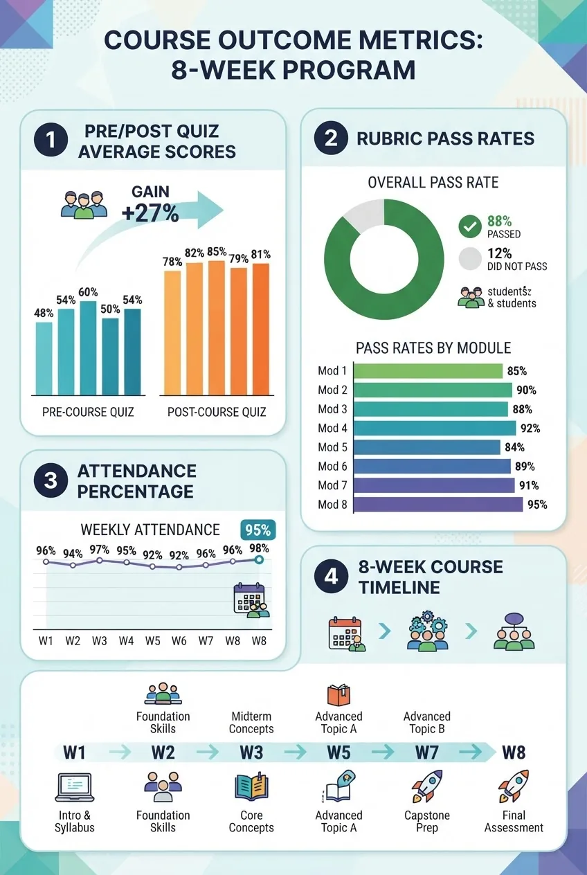 visualises course outcome metrics: pre/post quiz average scores, rubric pass rates, attendance percentage, and a timeline for the 8-week