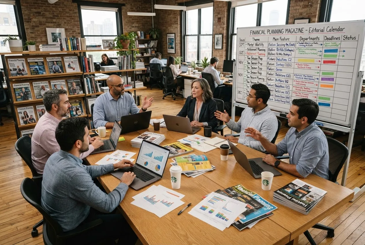 a magazine editorial meeting table with laptops, printouts of financial charts, and a whiteboard showing a content calendar titled