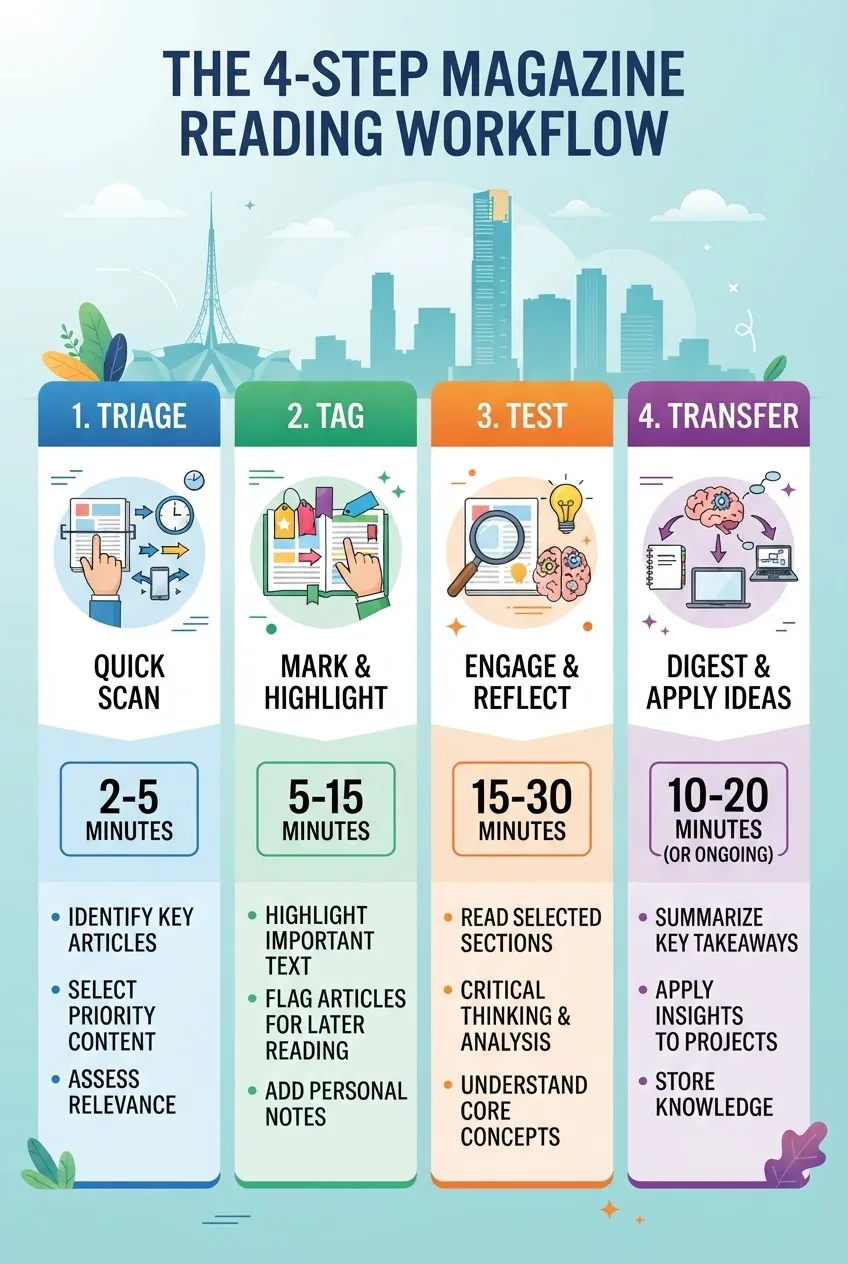 explains the four-step magazine reading workflow (Triage, Tag, Test, Transfer) with time estimates and expected outcomes per step, simple