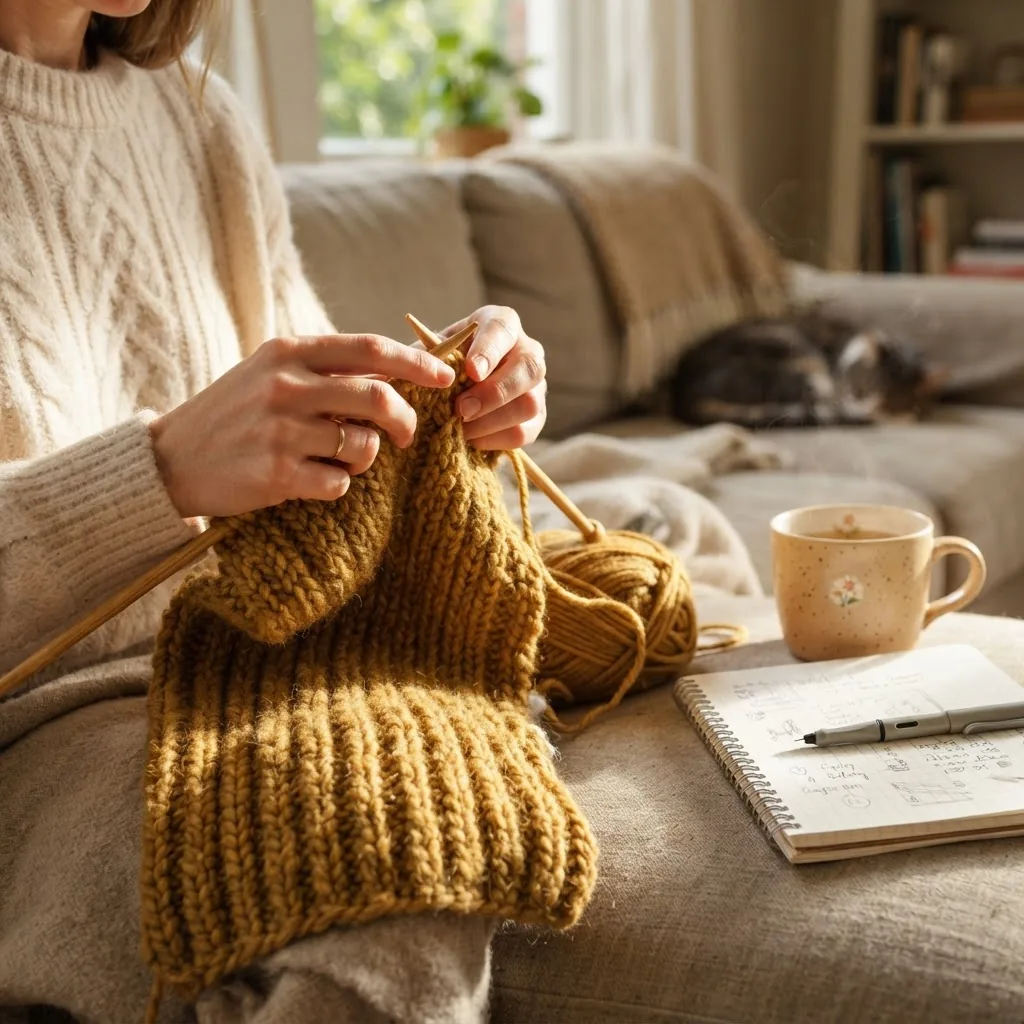 photorealistic close-up of hands knitting on a couch with sunlight, a mug and an open notebook nearby to show cozy, productive free time