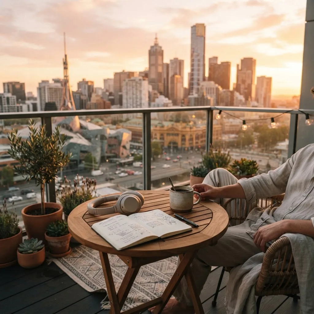 a Melbourne apartment balcony at golden hour with a coffee, notebook, and headphones resting on a small table to evoke relaxed, productive