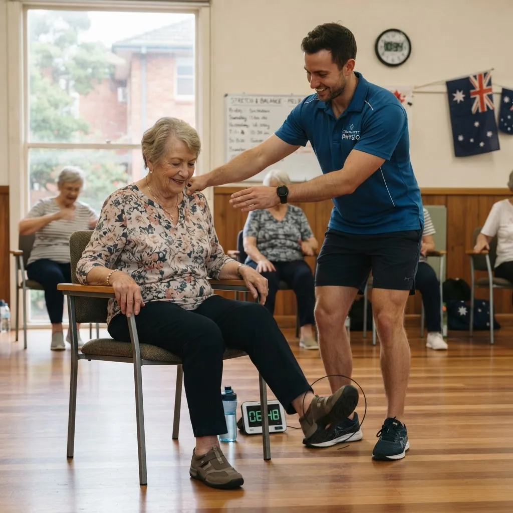 a male physiotherapist (or exercise leader) guiding an older woman through seated chair yoga stretches in a small community hall in