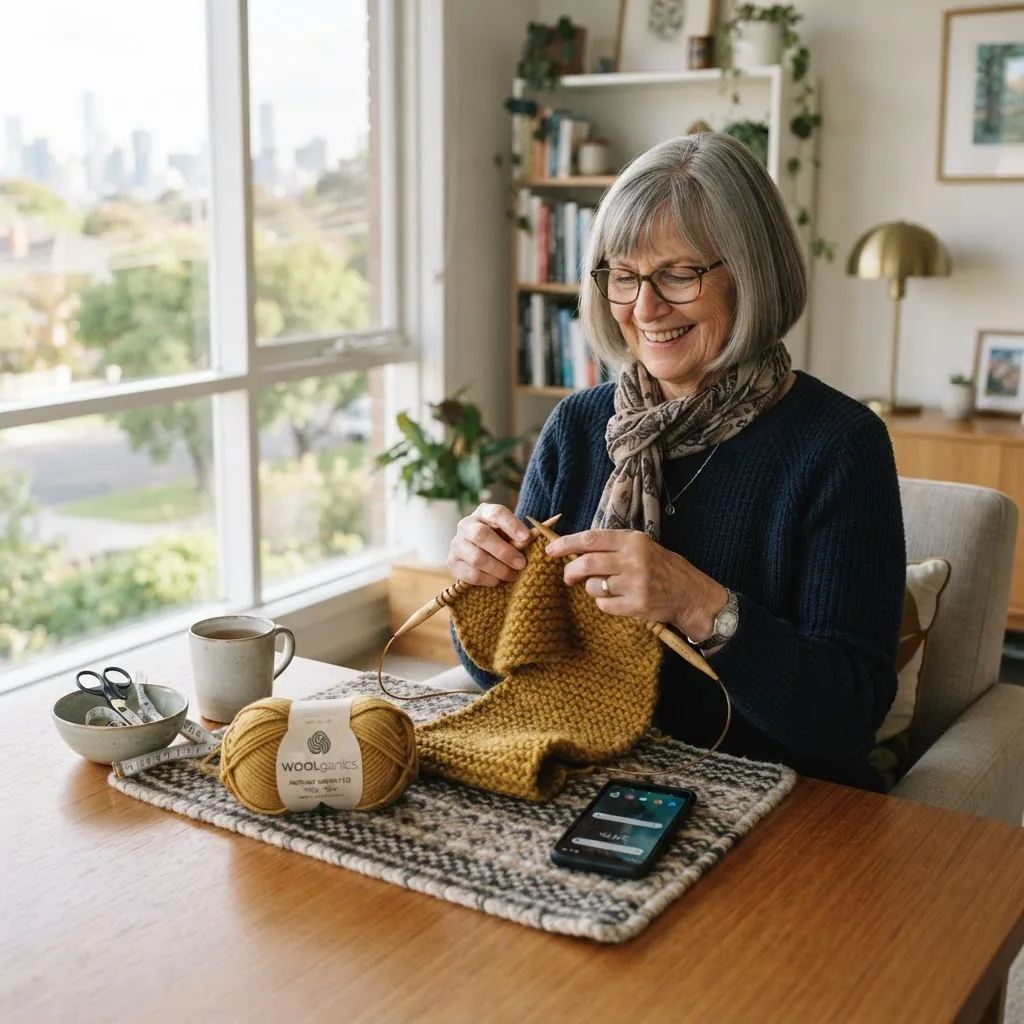 an older woman in Melbourne seated at a tidy table with a lamp, ergonomic knitting needles and a 100 g ball of worsted yarn, well-lit