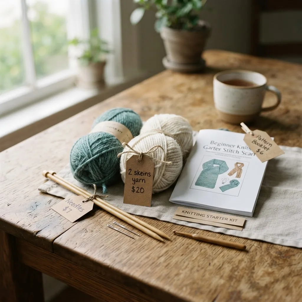 a small, labelled knitting starter kit on a kitchen table with price tags: needles $7, 2 skeins yarn $20, pattern booklet $6 — clear labels