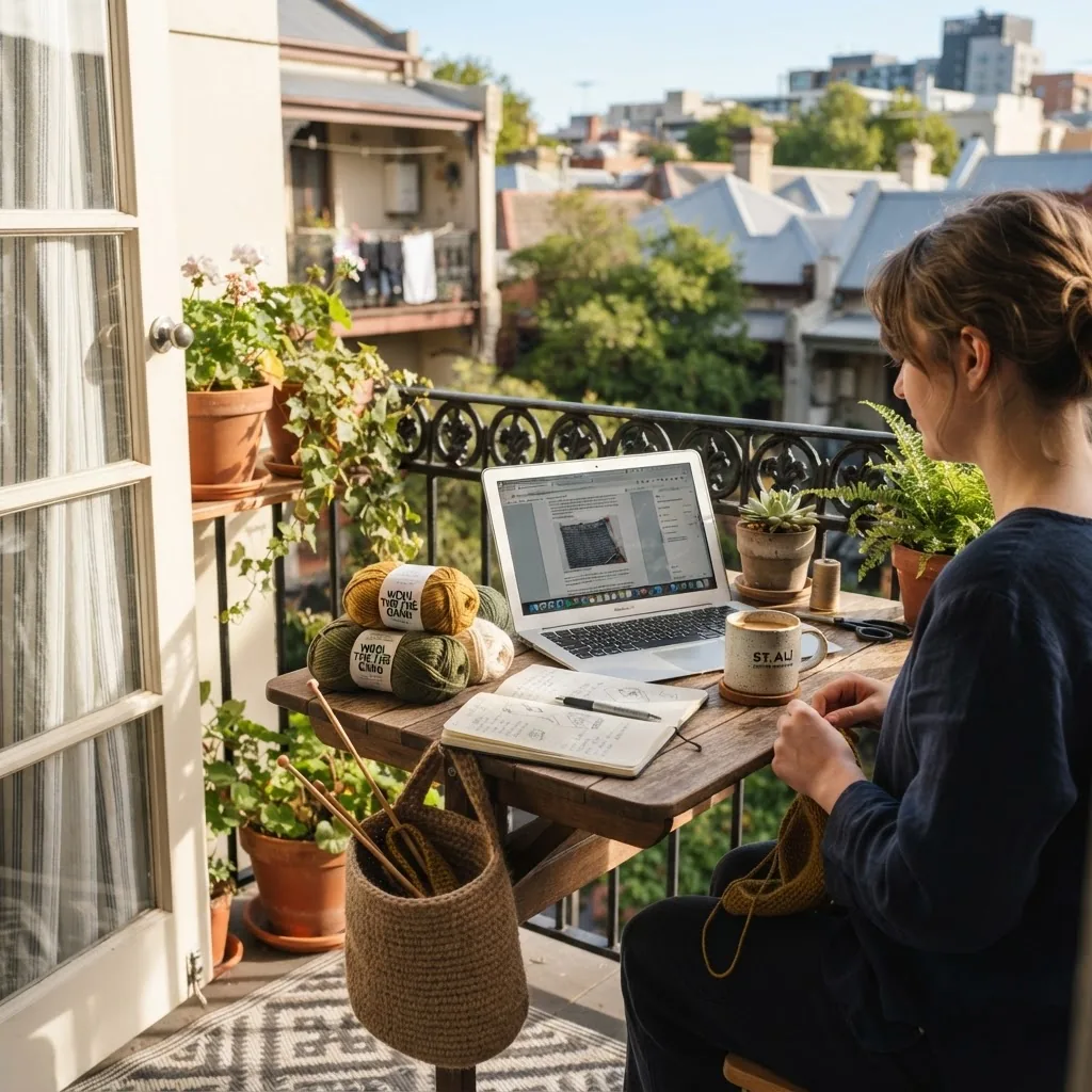 a compact hobby workspace on a small Melbourne balcony showing a laptop, a knitting basket with yarn, a notebook open and a mug — morning