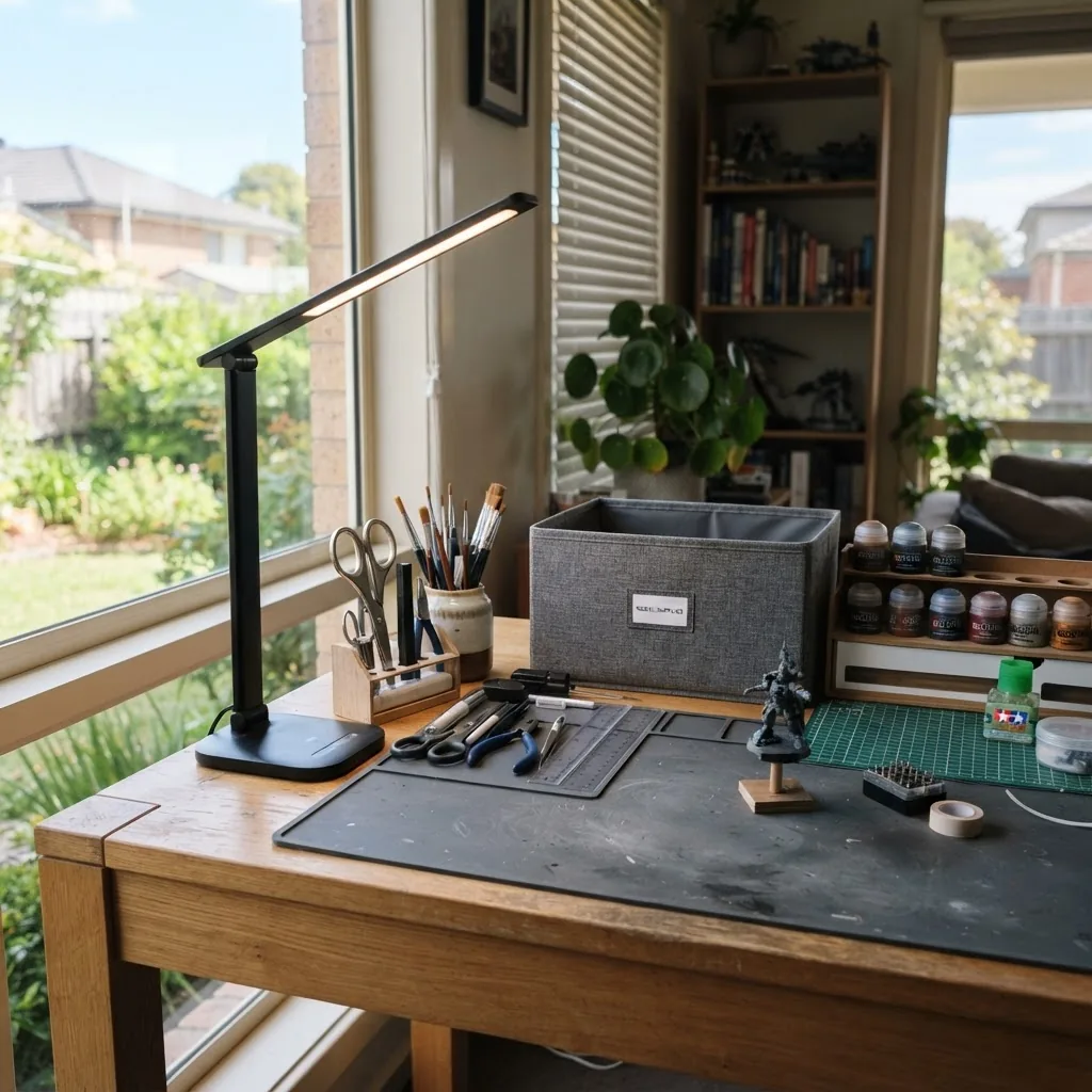 a compact home hobby workspace on a 1.2m x 0.6m table: LED task lamp (800 lumens), a labelled 30x20x15 cm storage box, neatly arranged