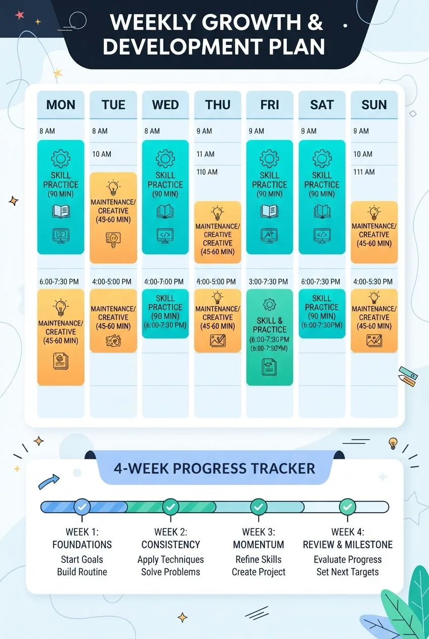 shows a weekly 7-day calendar with two highlighted recurring blocks: a 90-minute "Skill Practice" slot and a 45–60 minute