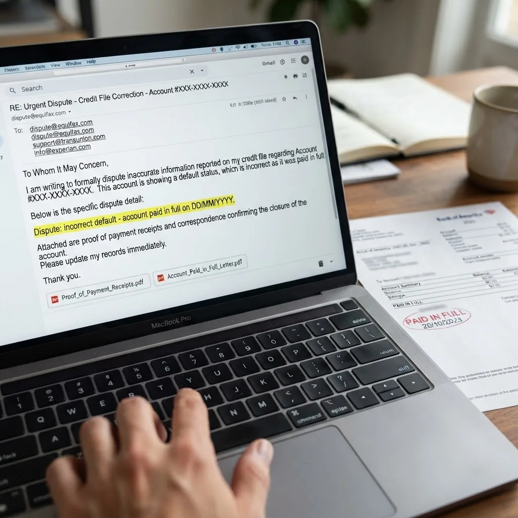 a close-up of an email being drafted to a credit bureau dispute inbox. The email includes attached PDF receipts and a highlighted line