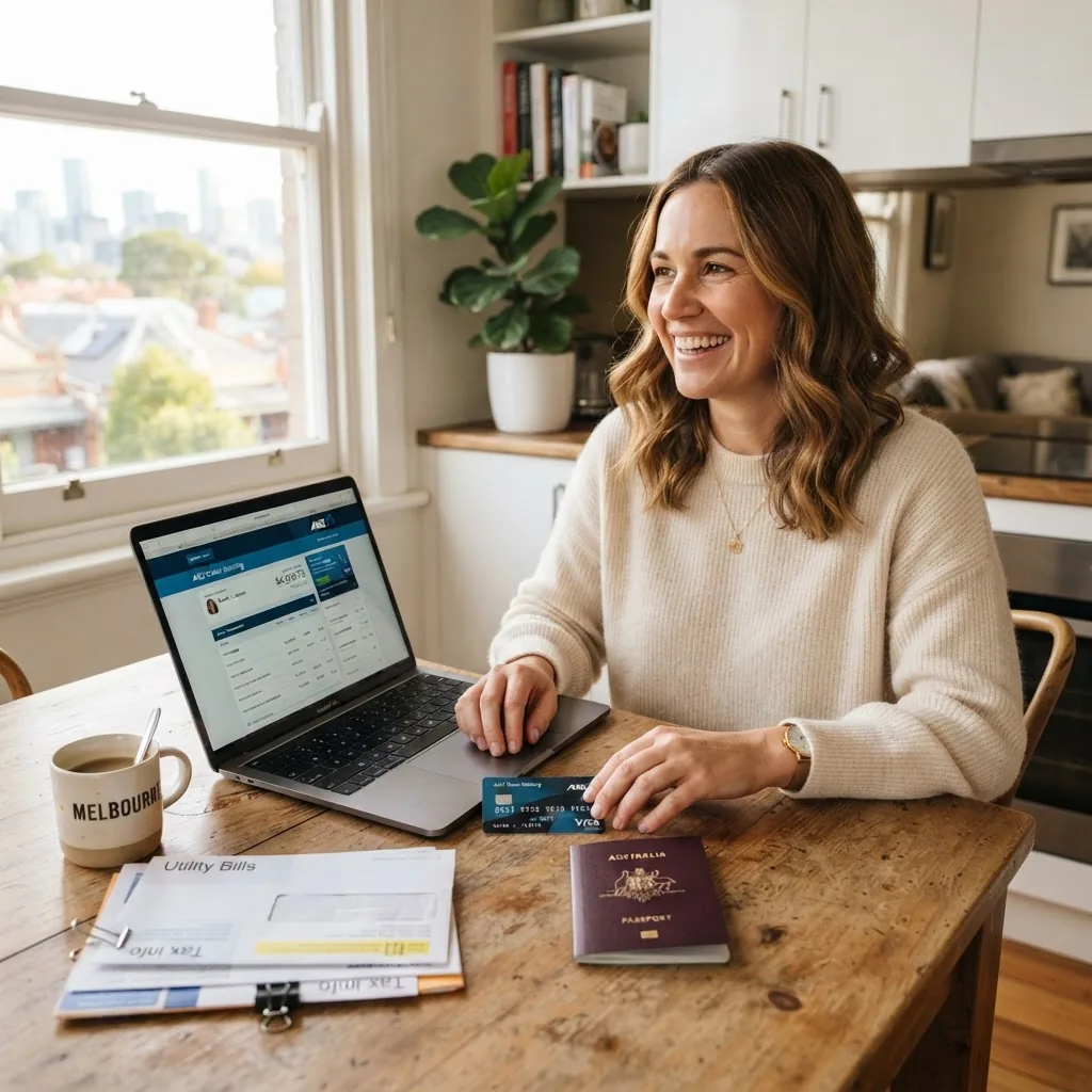 an Australian person at a kitchen table, smiling, with a laptop open to online banking and a secured credit card and passport visible;