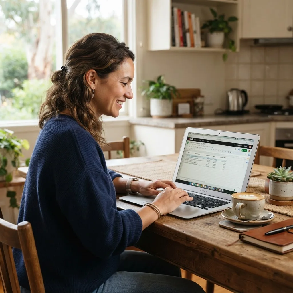 an Australian adult using online banking on a laptop at a kitchen table, showing a visible spreadsheet on screen with a credit card