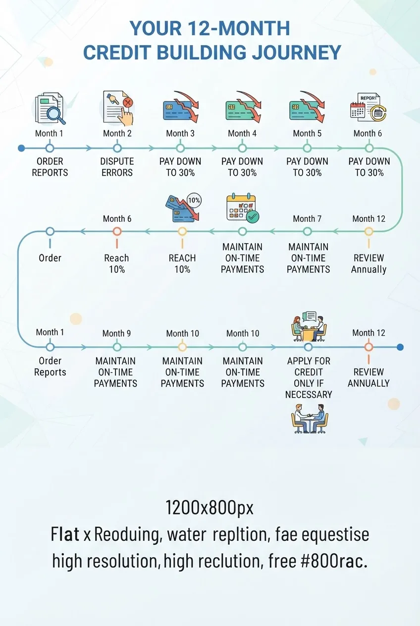 shows a 12-month timeline with monthly milestones: Order reports, Dispute errors, Pay down to 30%, Reach 10%, Maintain on-time payments,