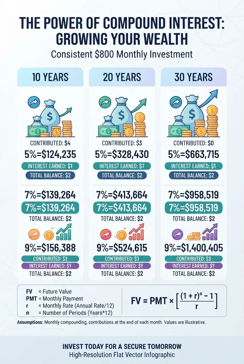 explains compound interest visually for 10, 20 and 30 year horizons with $800 monthly contributions, showing final balances at 5%, 7%, and