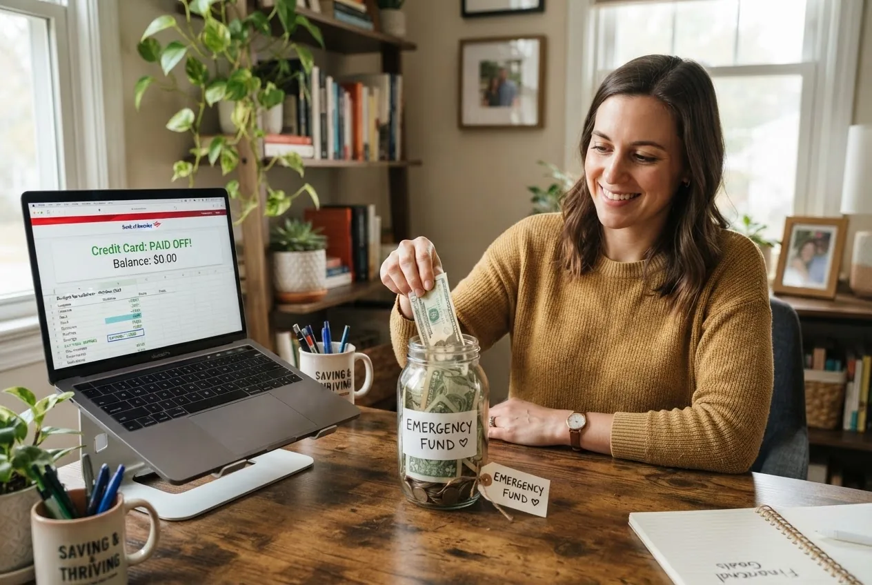 a person placing savings into a labelled "Emergency Fund" jar while a laptop shows a paid-off credit card balance and a budget spreadsheet