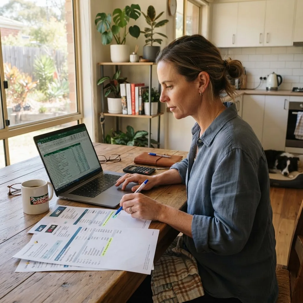 a person at a kitchen table with printed credit card statements, a laptop with a spreadsheet, and a pen highlighting numbers; daylight,