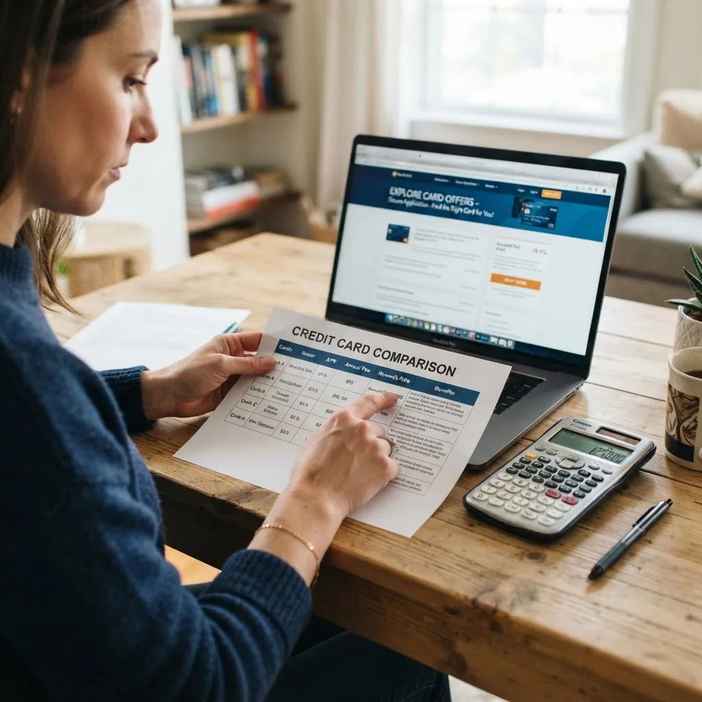 a person reading a credit card offer on a laptop with a printed comparison table and calculator beside them; focus on hands and documents