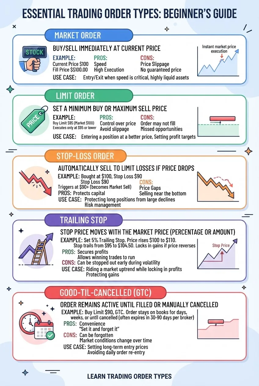 explains order types: Market Order, Limit Order, Stop Loss, Trailing Stop, and Good-Til-Cancelled, showing example prices, pros/cons and