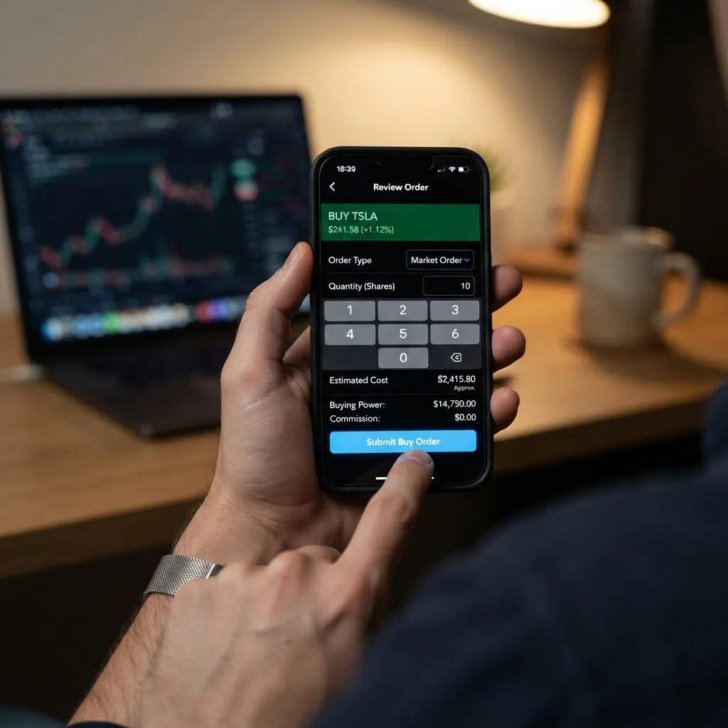 a user placing a market order on a brokerage app, visible fields: ticker code, quantity, order type 'Market', estimated cost and 'Submit