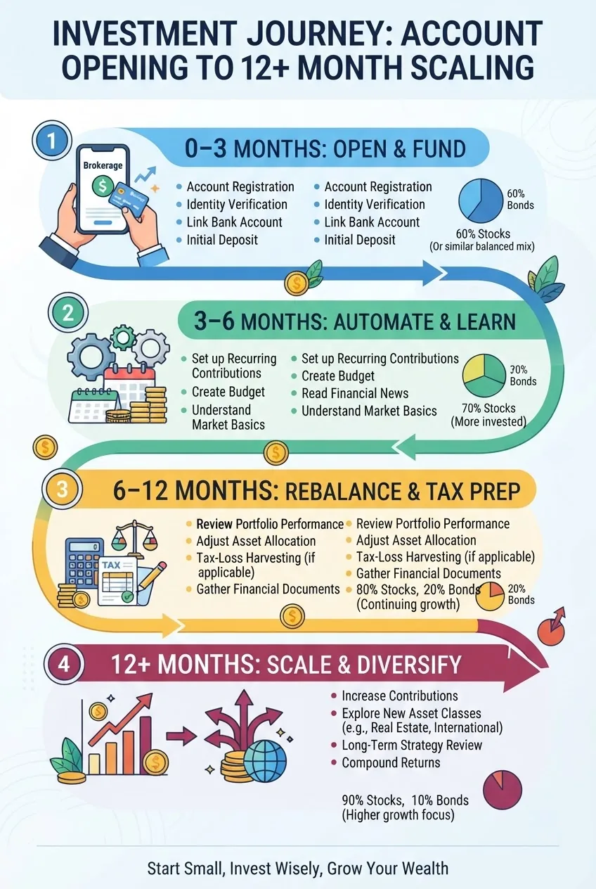 shows a stepwise timeline from account opening to 12-month scaling: 0–3 months (open + fund), 3–6 months (automate + learn), 6–12 months