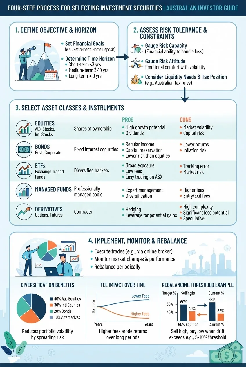 explains the four-step process of selecting investment securities: 1) define objective and horizon; 2) assess risk tolerance and