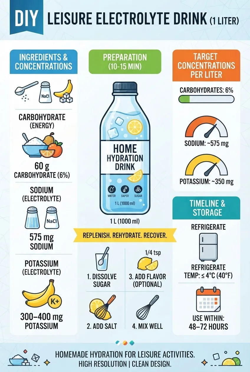 shows electrolyte ratios and recommended concentrations for a 1 L leisure drink: 60 g carbohydrate (6%), ~575 mg sodium (from 1/4 tsp