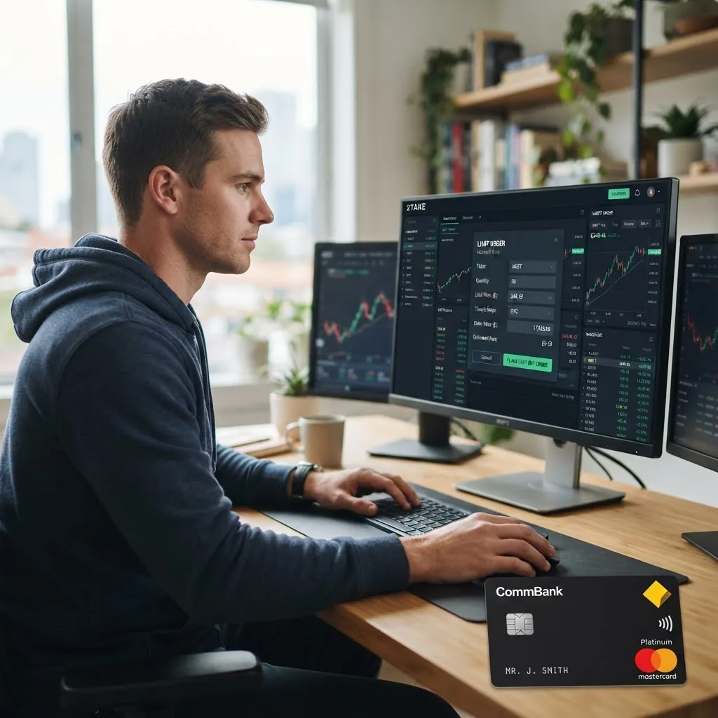 a person at a desktop trading on an online investment platform. The screenshot area should show a limit order form with fields: ticker,