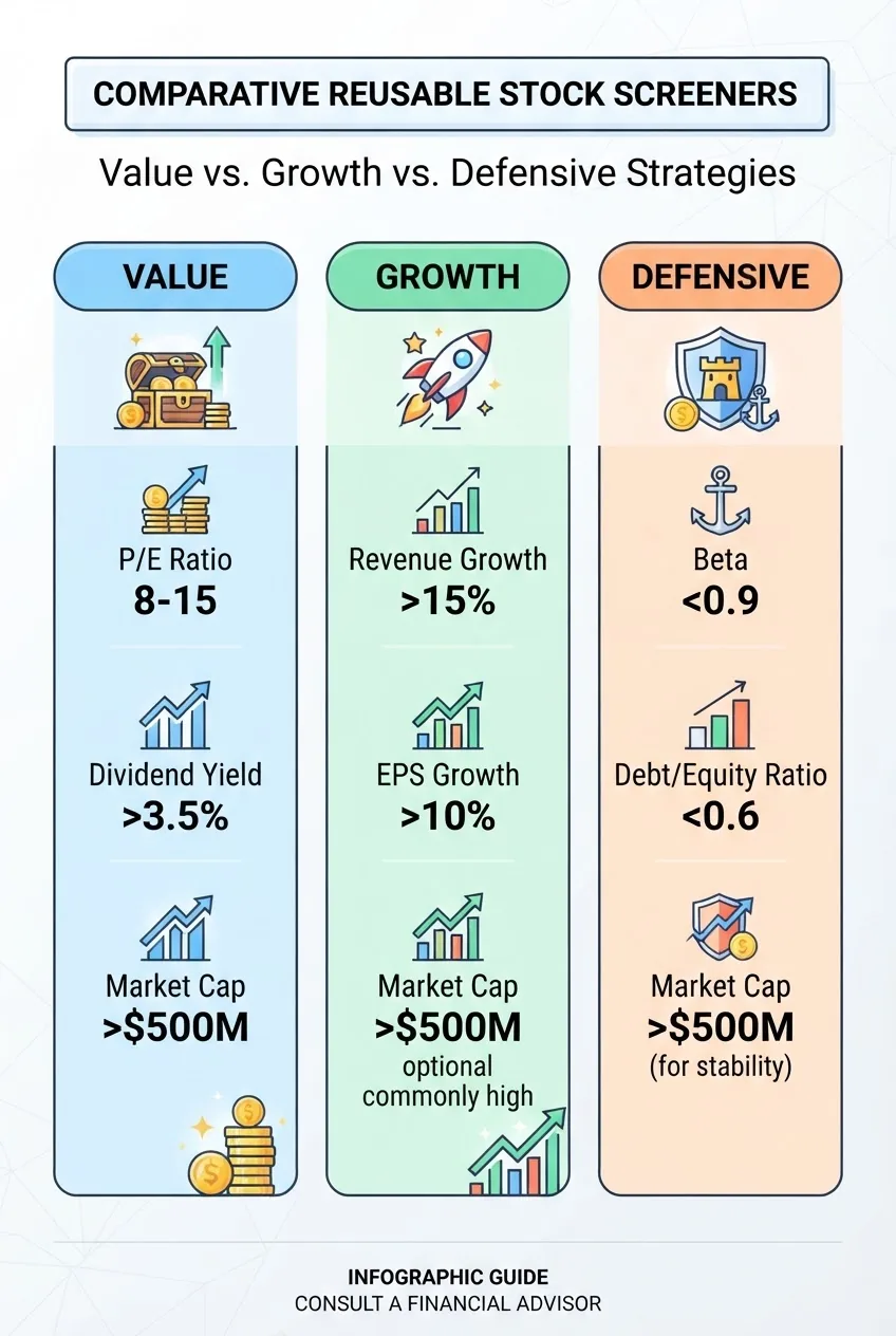 compares three reusable screeners: Value, Growth, Defensive. Show the exact filter values listed: P/E 8-15, dividend yield >3.5%, market