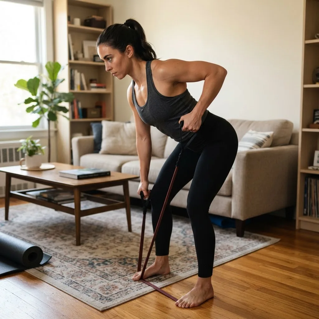 a person performing resistance-band rows in a small living-room space, knees soft, band anchored under foot, neutral spine, focus on band