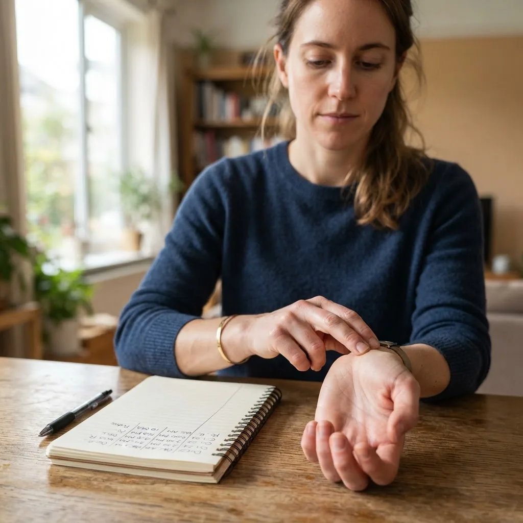 a person taking their radial pulse on their wrist while seated beside a notebook showing recorded bpm and time, natural indoor lighting