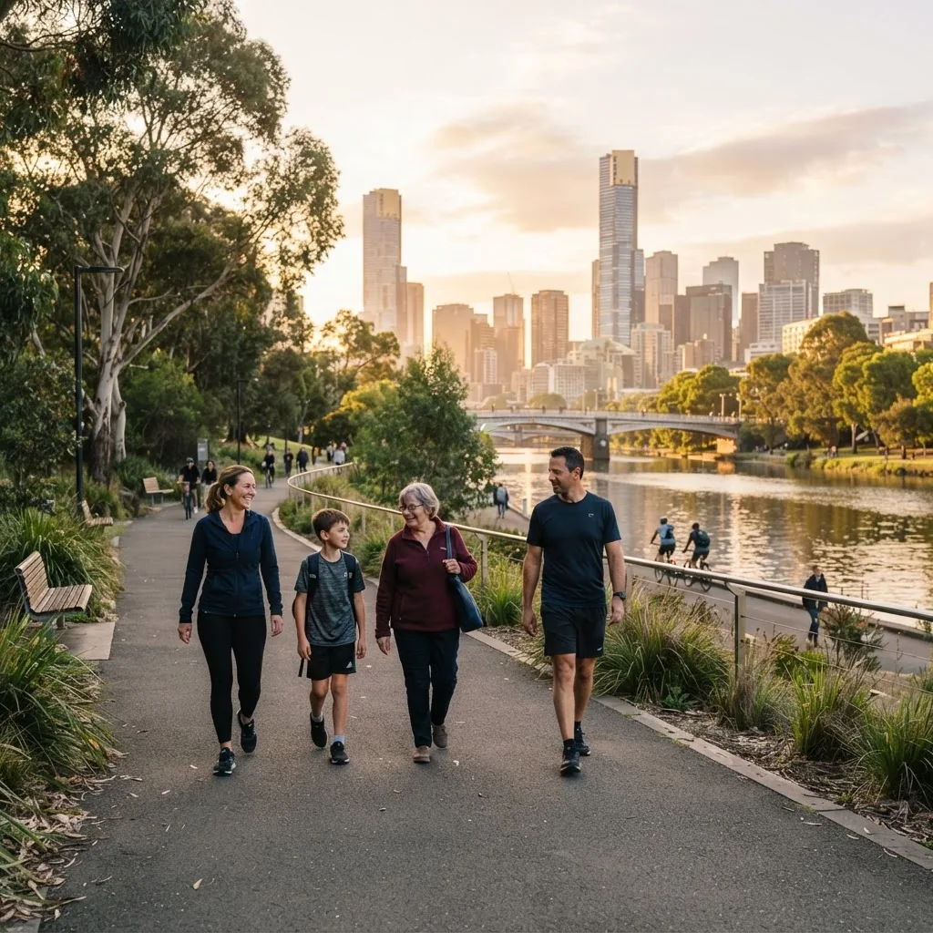 a small mixed-age group walking along an urban riverside trail in Melbourne during late afternoon, wearing casual activewear; include soft