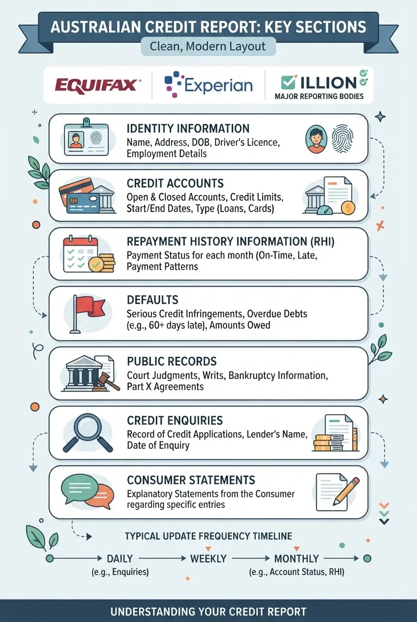 visually maps the sections of an Australian credit report: Identity, Accounts, Repayment History, Defaults, Public Records, Enquiries, and