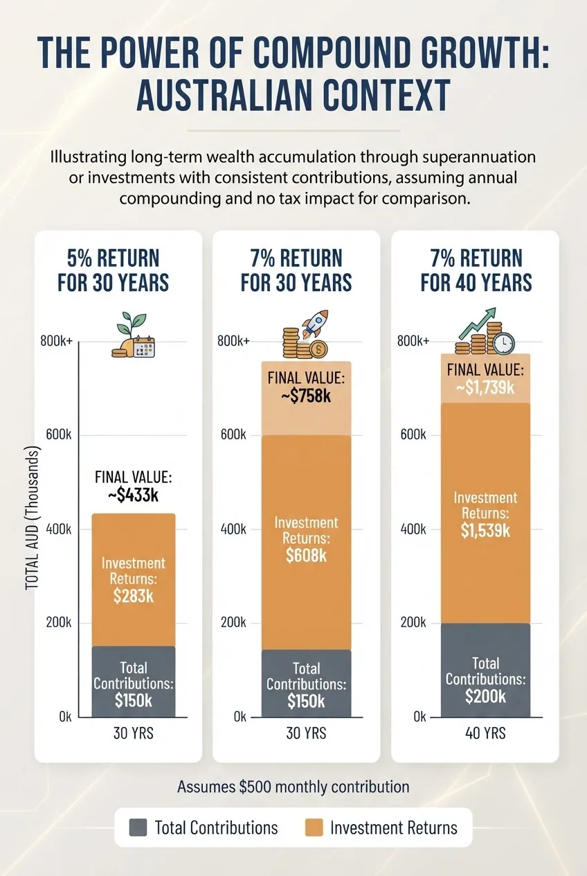 visualises compound growth across three scenarios: 5% for 30 years, 7% for 30 years, 7% for 40 years, using stacked bar charts for