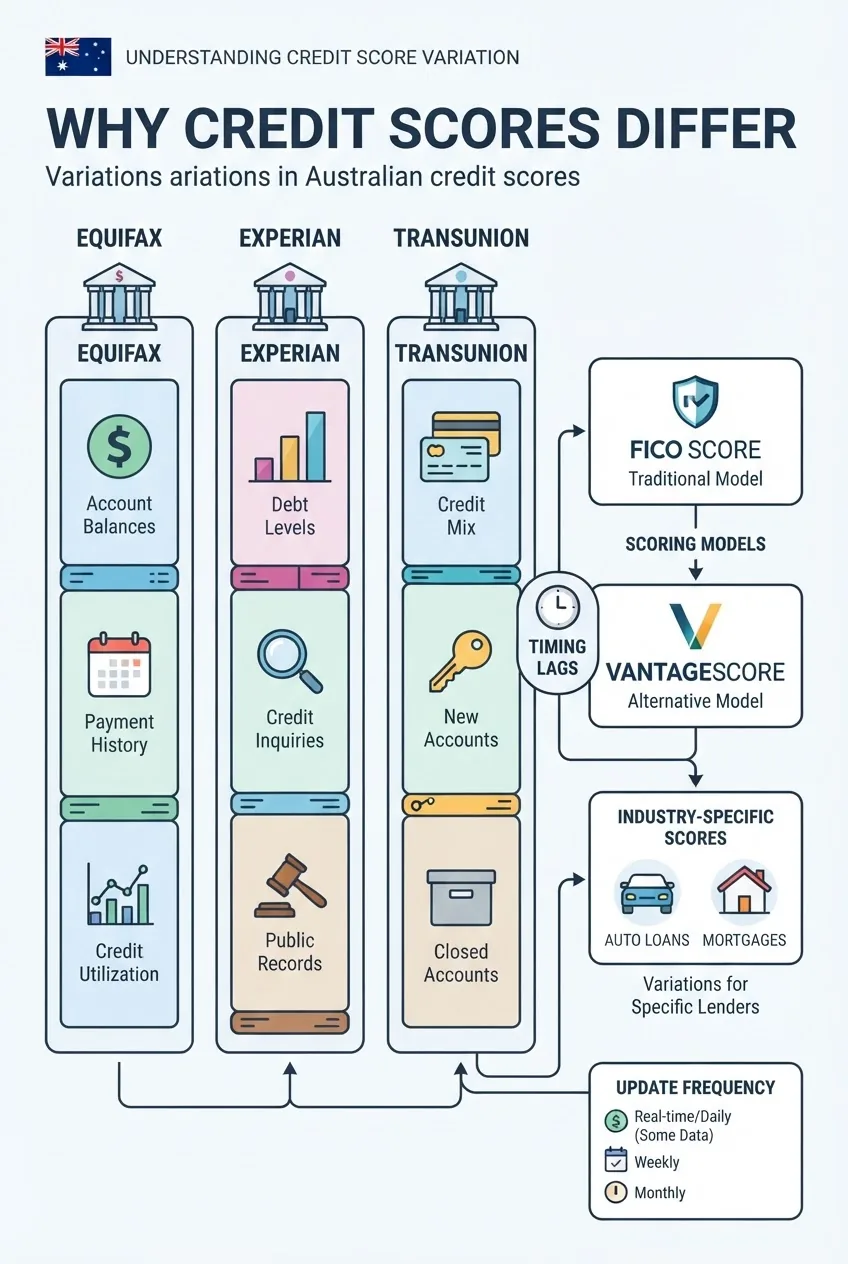 visually explains why credit scores differ: show three stacked columns labelled Equifax, Experian, TransUnion with different data points,
